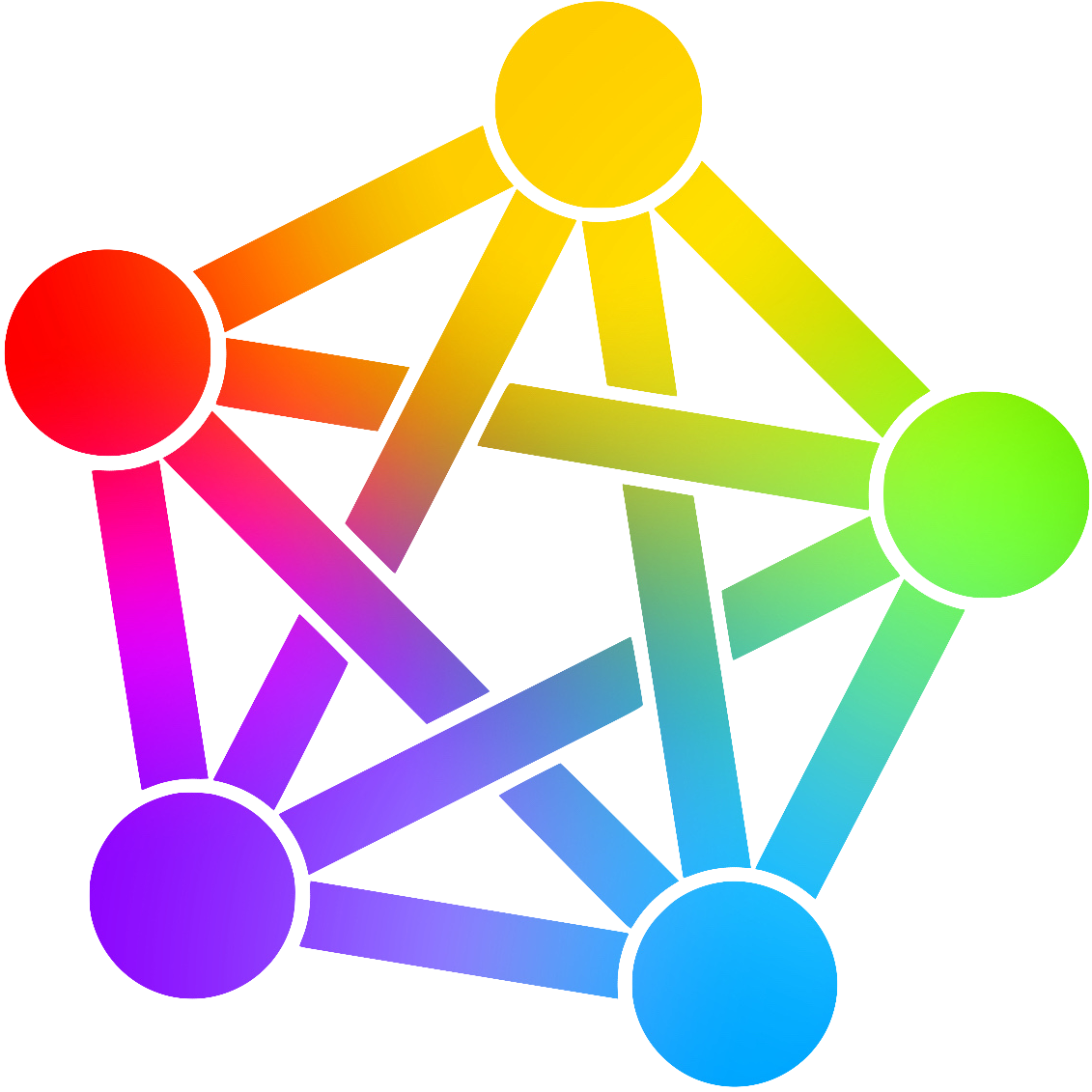 The proposed Fediverse symbol, a pentagram with five dots coloured red, yellow, green, blue, and purple, each connecting to each other. In this version the connecting lines are gradients rather than solid colours.